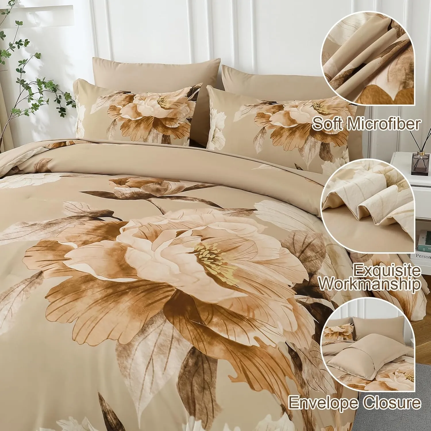 Dobuyly Khaki Queen Comforter Set 7 Piece Bed in a Bag Queen Size, Taupe Floral Fall Comforter Set with Sheets, Soft Microfiber Farmhouse Complete Bedding Set for All Season