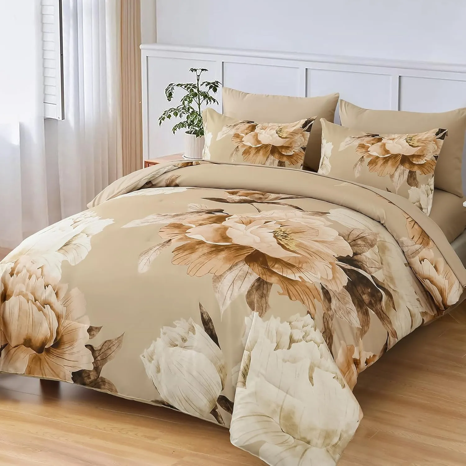 Dobuyly Khaki Queen Comforter Set 7 Piece Bed in a Bag Queen Size, Taupe Floral Fall Comforter Set with Sheets, Soft Microfiber Farmhouse Complete Bedding Set for All Season