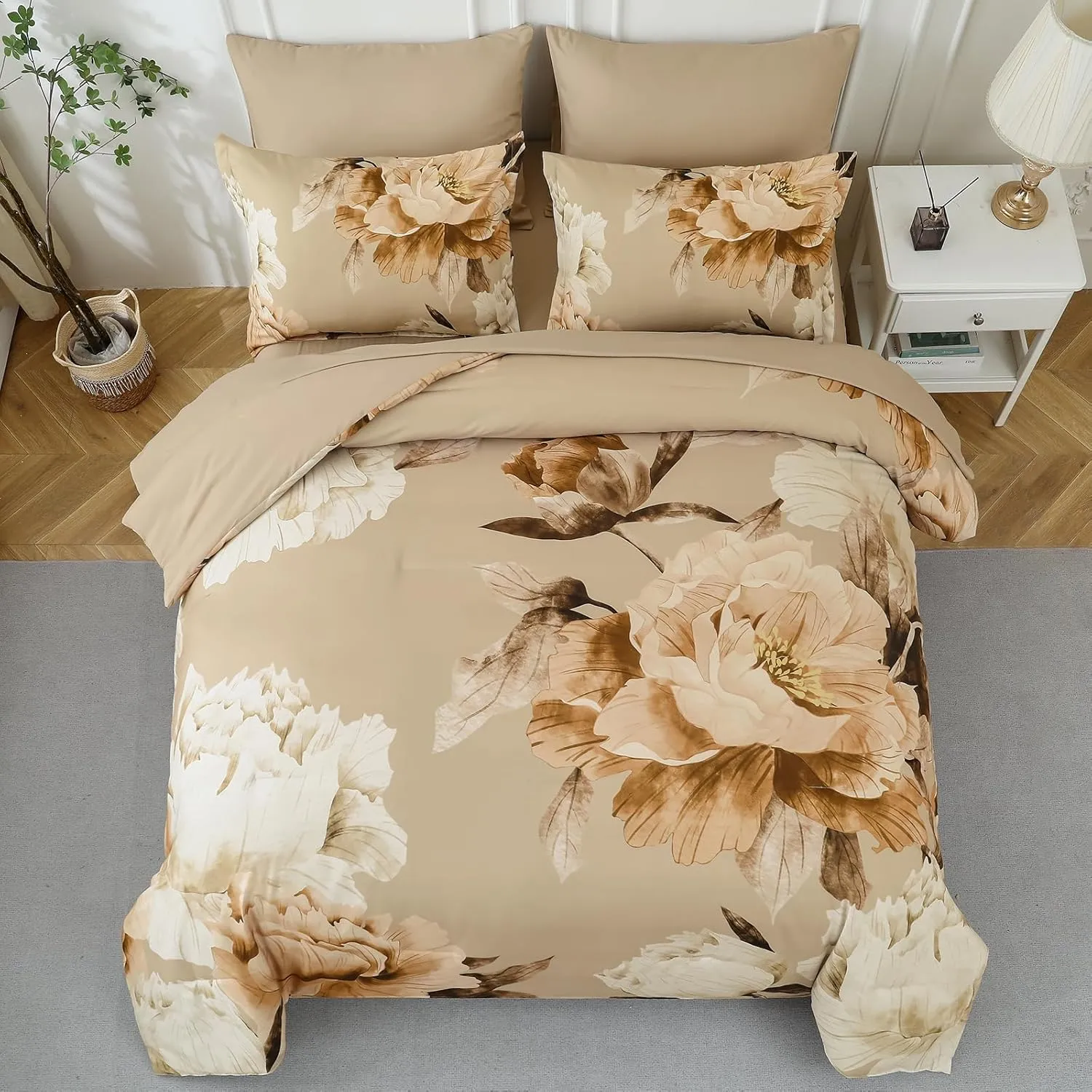 Dobuyly Khaki Queen Comforter Set 7 Piece Bed in a Bag Queen Size, Taupe Floral Fall Comforter Set with Sheets, Soft Microfiber Farmhouse Complete Bedding Set for All Season