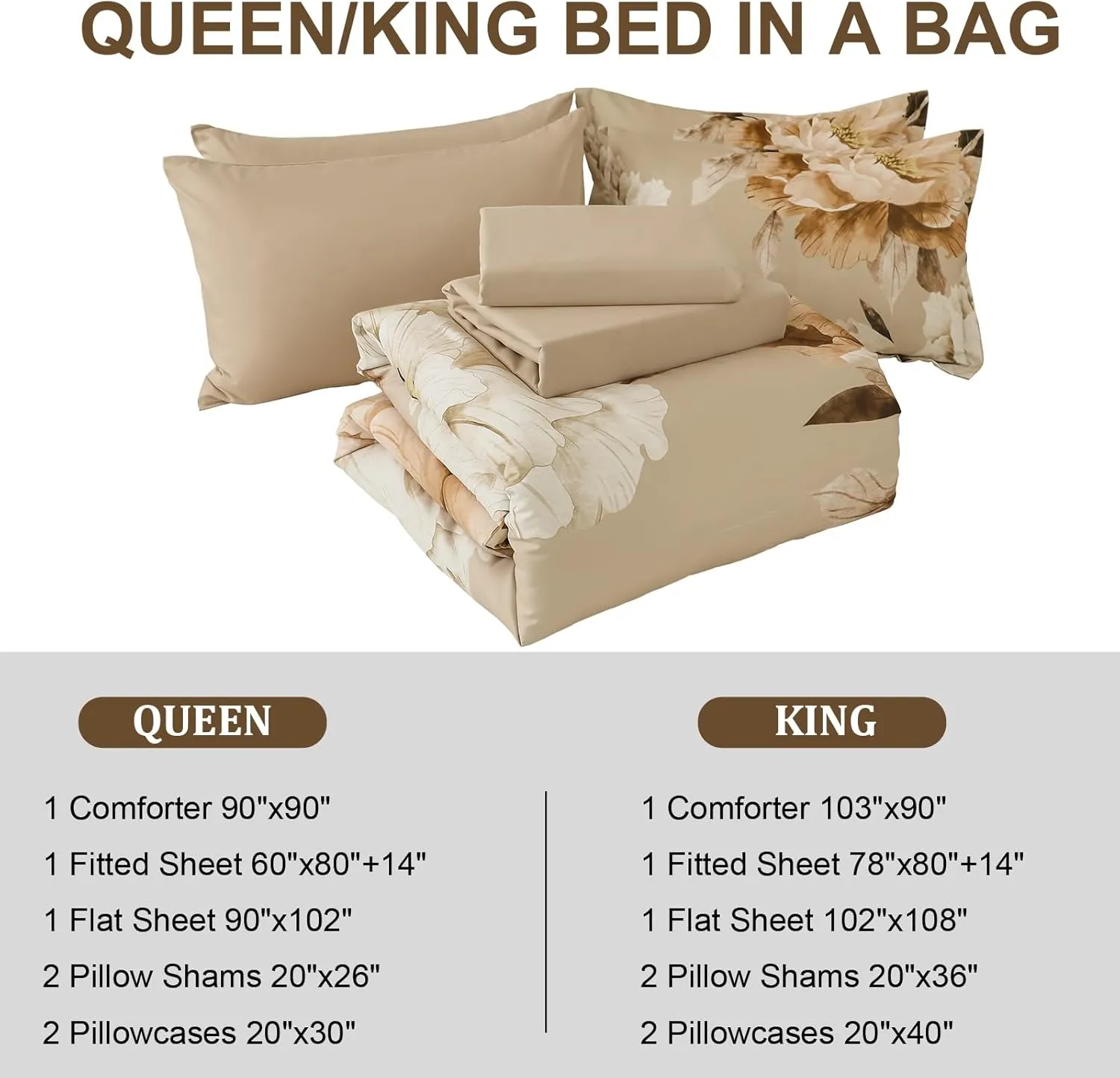Dobuyly Khaki Queen Comforter Set 7 Piece Bed in a Bag Queen Size, Taupe Floral Fall Comforter Set with Sheets, Soft Microfiber Farmhouse Complete Bedding Set for All Season