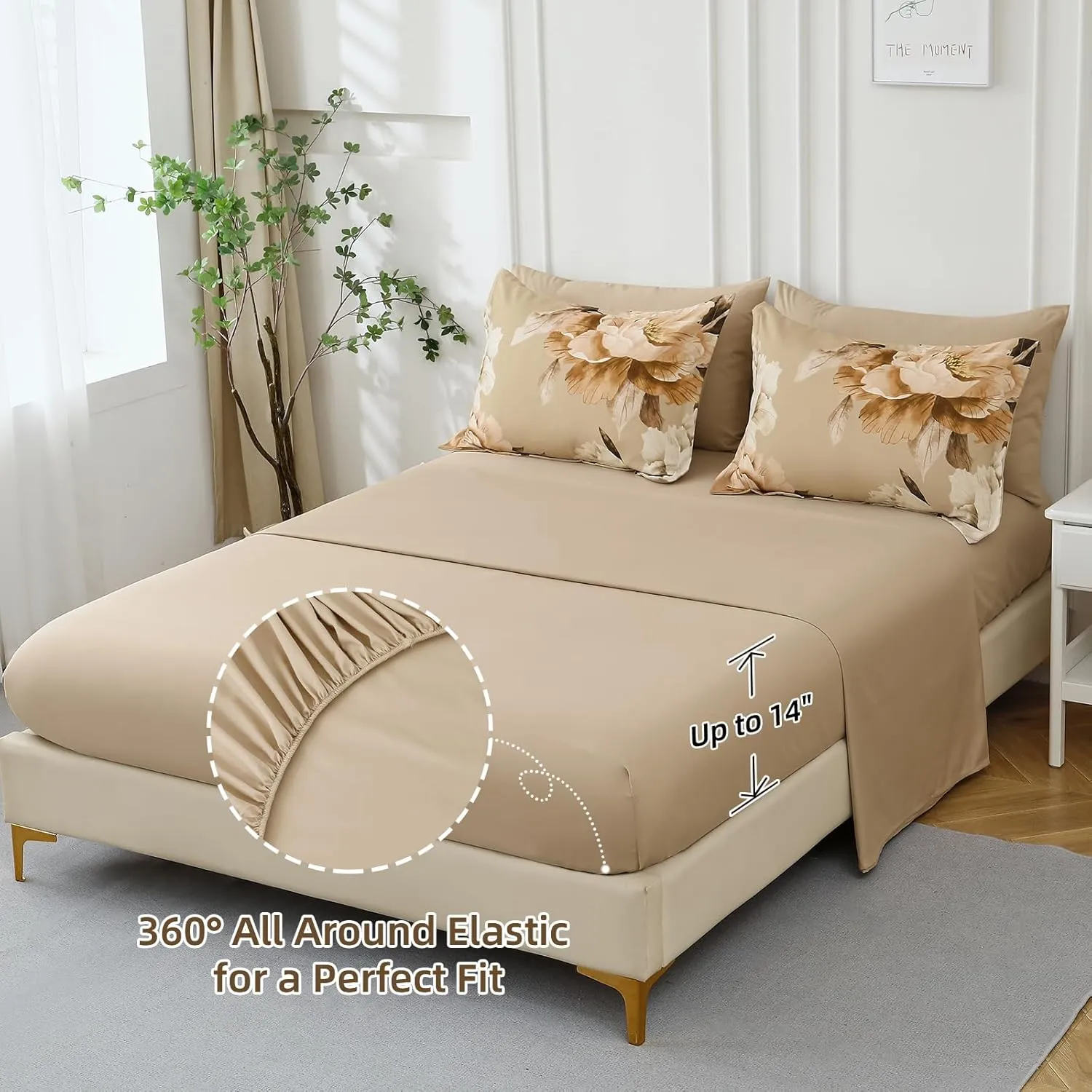 Dobuyly Khaki Queen Comforter Set 7 Piece Bed in a Bag Queen Size, Taupe Floral Fall Comforter Set with Sheets, Soft Microfiber Farmhouse Complete Bedding Set for All Season