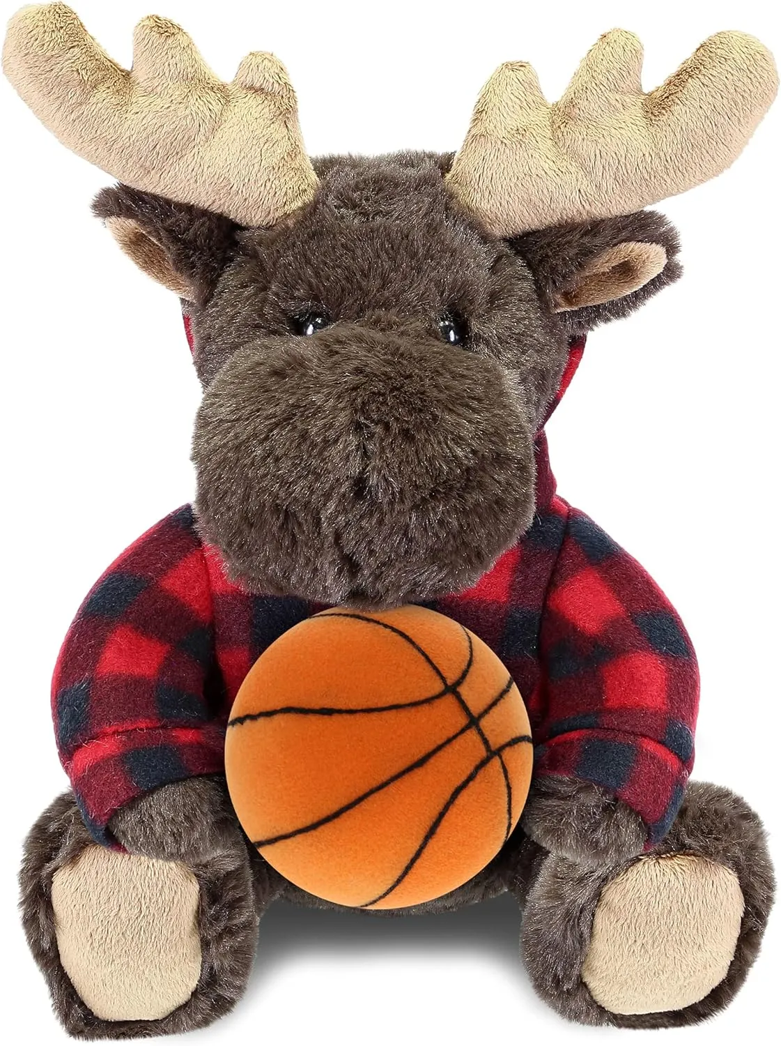 DolliBu Moose Stuffed Animal with Basketball Plush – Super Soft Huggable Bear with Red Plaid Hoodie, Cute Personalized Basketball Plush Animal for Kids and Adults - 10 Inches