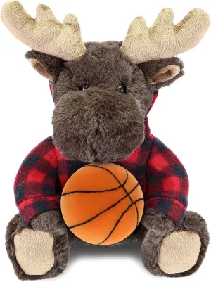 DolliBu Moose Stuffed Animal with Basketball Plush – Super Soft Huggable Bear with Red Plaid Hoodie, Cute Personalized Basketball Plush Animal for Kids and Adults - 10 Inches