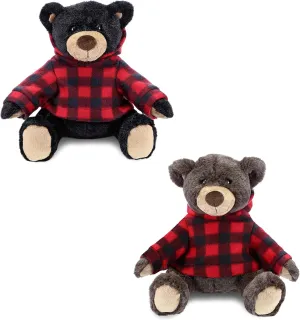 DolliBu Plush Black Bear and Brown Bear with Red Plaid Hoodie - Soft Huggable Adorable Playtime Zoo Plush with Clothes Cute Wildlife Cuddle Gift for Kids and Adults -Set of 2