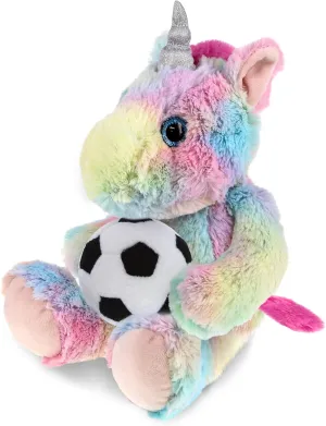 DolliBu Sitting Rainbow Unicorn Stuffed Animal with Soccer Plush - Soft Huggable Rainbow Unicorn, Adorable Playtime Plush Toy, Cute Sports Gift for Kids and Adults - 10 Inches