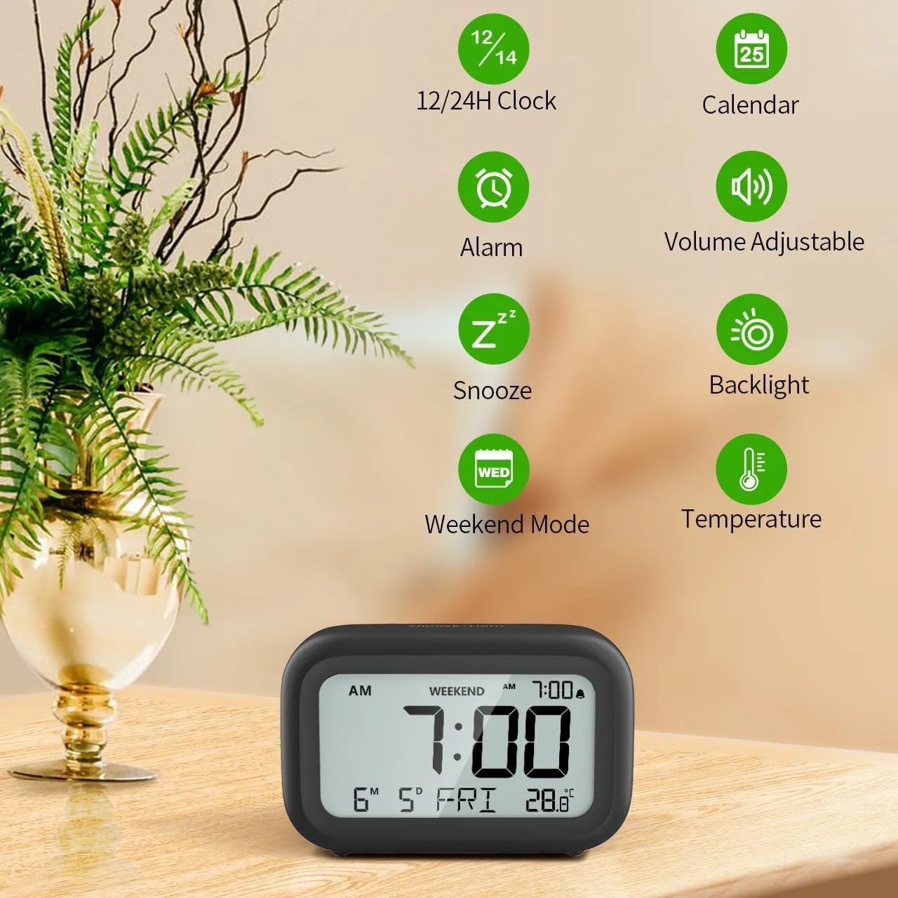 DOOMAY Digital Alarm Clock Bedside - Battery Powered Clock with LCD Display Volume Adjustable Snooze and Weekend Mode for Bedroom Office Desk Travel - Black