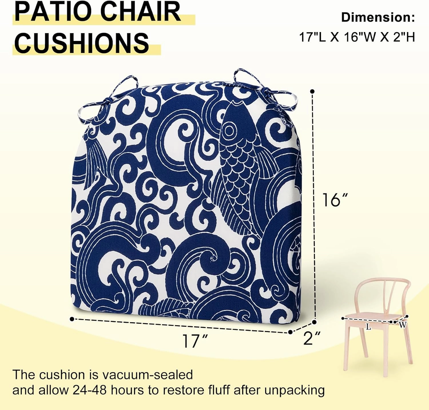 downluxe Outdoor Chair Cushions Set of 6 for Patio Furniture, Water-Resistant Patio Chair Cushions with Ties, High Density Foam Outdoor Seat Cushion, 17" X 16" X 2", Blue Carp