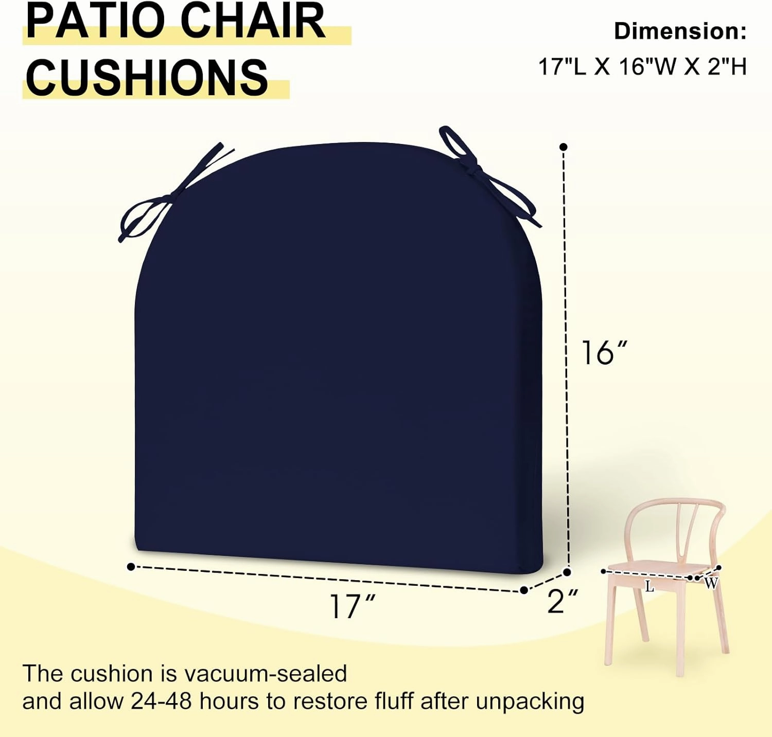downluxe Outdoor Chair Cushions Set of 6 for Patio Furniture, Water-Resistant Patio Chair Cushions with Ties, High Density Foam Outdoor Seat Cushion, 17" X 16" X 2", Navy