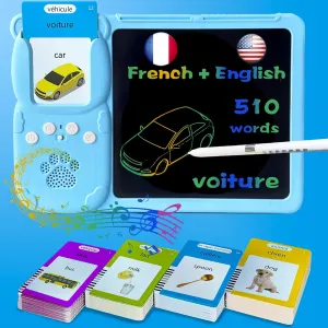 Drawing Writing Tablet for Toddlers - Talking English French Flash Cards for Kids 3-12, Bilingual Sensory Toys for Autistic Children, 510 Sight Words, Travel Activity for 4 Year Old (Blue)
