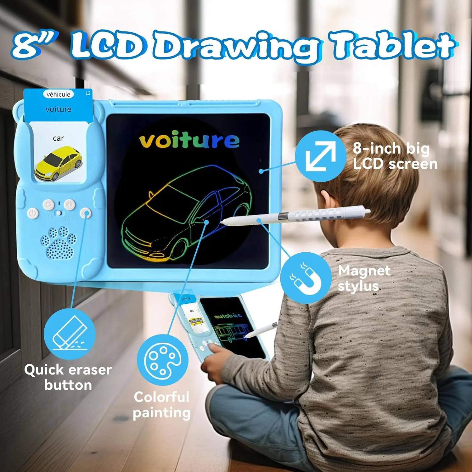 Drawing Writing Tablet for Toddlers - Talking English French Flash Cards for Kids 3-12, Bilingual Sensory Toys for Autistic Children, 510 Sight Words, Travel Activity for 4 Year Old (Blue)