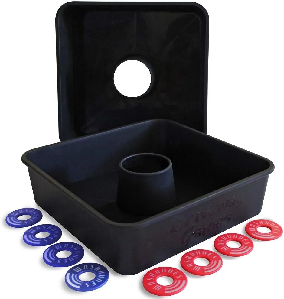 Driveway Games All Weather Washoos Washer Toss Game Set. 8 Pitching Rings & Toss Targets, black