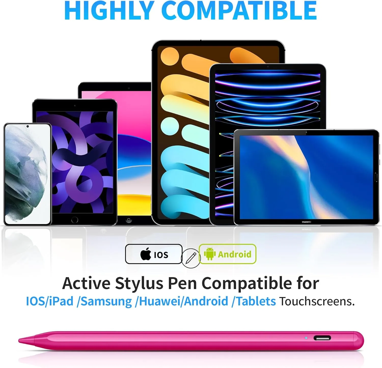 DRYMOKINI Stylus Pen, Active Stylus Pen Touch Screens Compatible for Android and iOS Tablet/Phones, Rechargeable Universal Stylus Pencil Compatible for A-pple/i-Pad/Phone Tablet, BabyPink