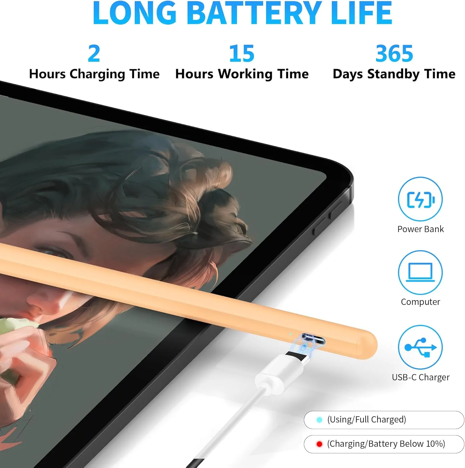 DRYMOKINI Stylus Pen for Touchscreen, Active Stylus Compatible for Android and iOS Tablet/Phones, Rechargeable Universal Stylist Pencil Compatible for A-pple/i-Pad/Phone Tablet, Peach Orange