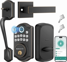 DS10 Pro Keyless Entry Door Lock with Handle Set, Smart Front Door Locks Set, Electronic Keypad, Fingerprint Deadbolt, Bluetooth APP Control, Auto-Lock & One Touch Locking, Oil Rubbed Bronze