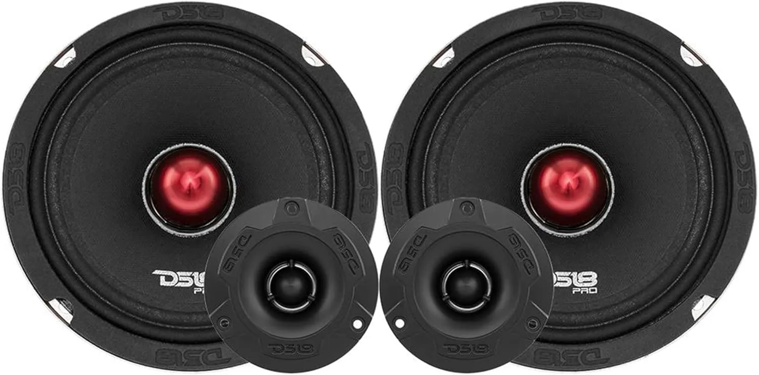 DS18 Mid and High Car Speaker Package - 2X 6.5" Midrange, 2X 1" Tweeters, Built-in Crossover
