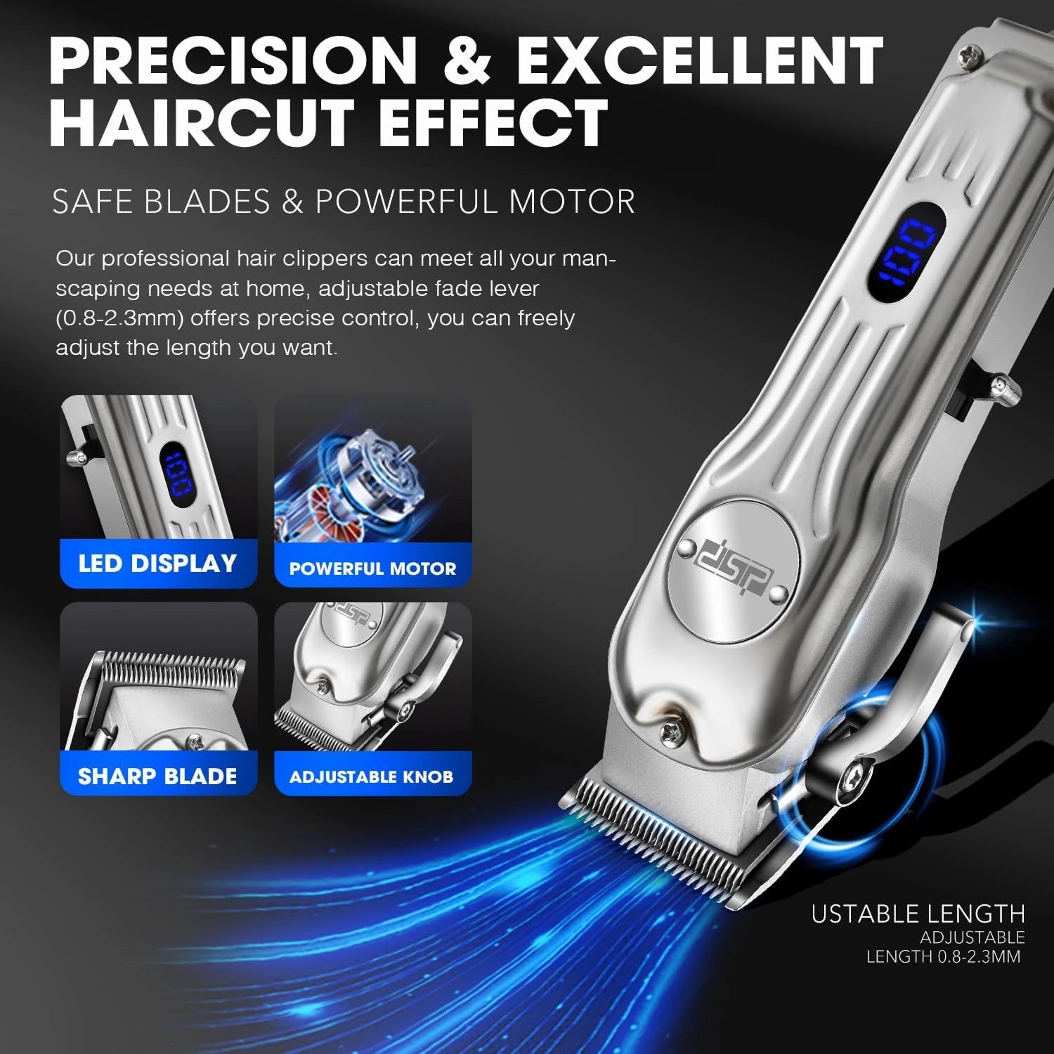 DSP Professional Hair Clipper for Men, Clipper and Trimmer Set - Electric Clipper for Hair Cutting, Cordless Barber Clipper Set with LED Display for Men Gift (Silver)