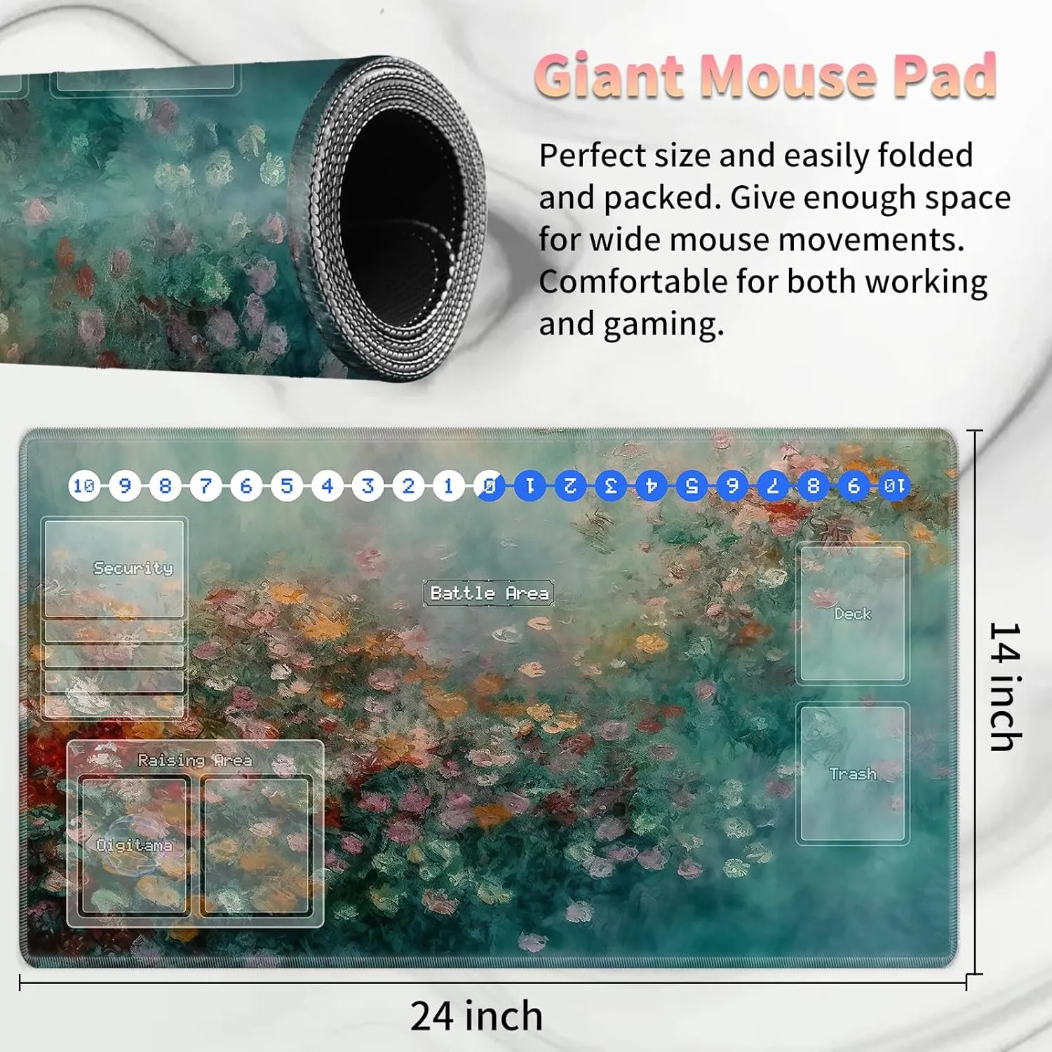 Duel Playma for DTCG, Card Game Mat Non-Slip Rubber Base and Stitched, 24 x 14 in TCG Play Mat with Zones for CCG and Other Card Games, Color Oil Painting