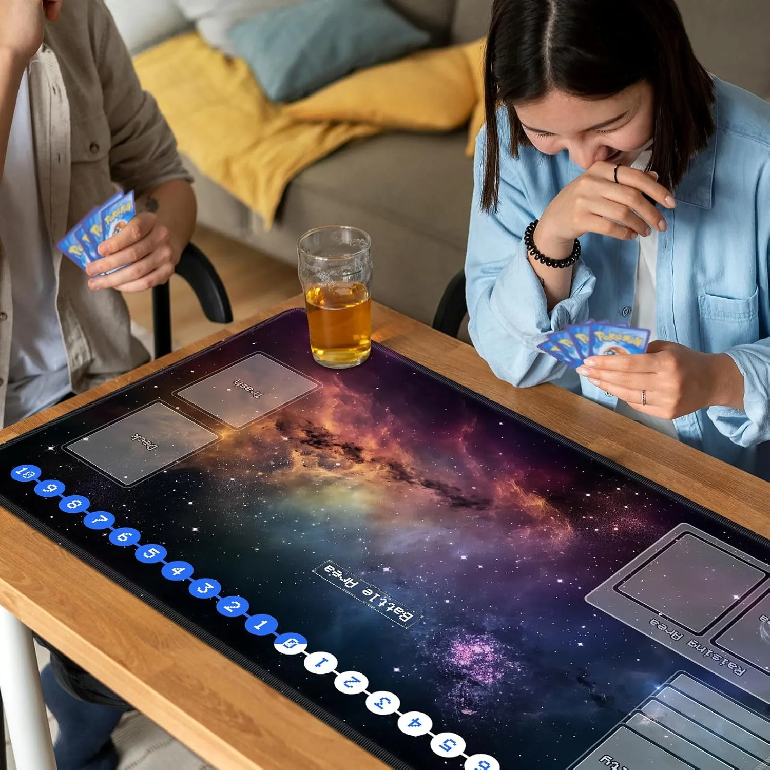 Duel Playma for DTCG, Card Game Mat Non-Slip Rubber Base and Stitched, 24 x 14 in TCG Play Mat with Zones for CCG and Other Card Games, Flashing Starry Sky