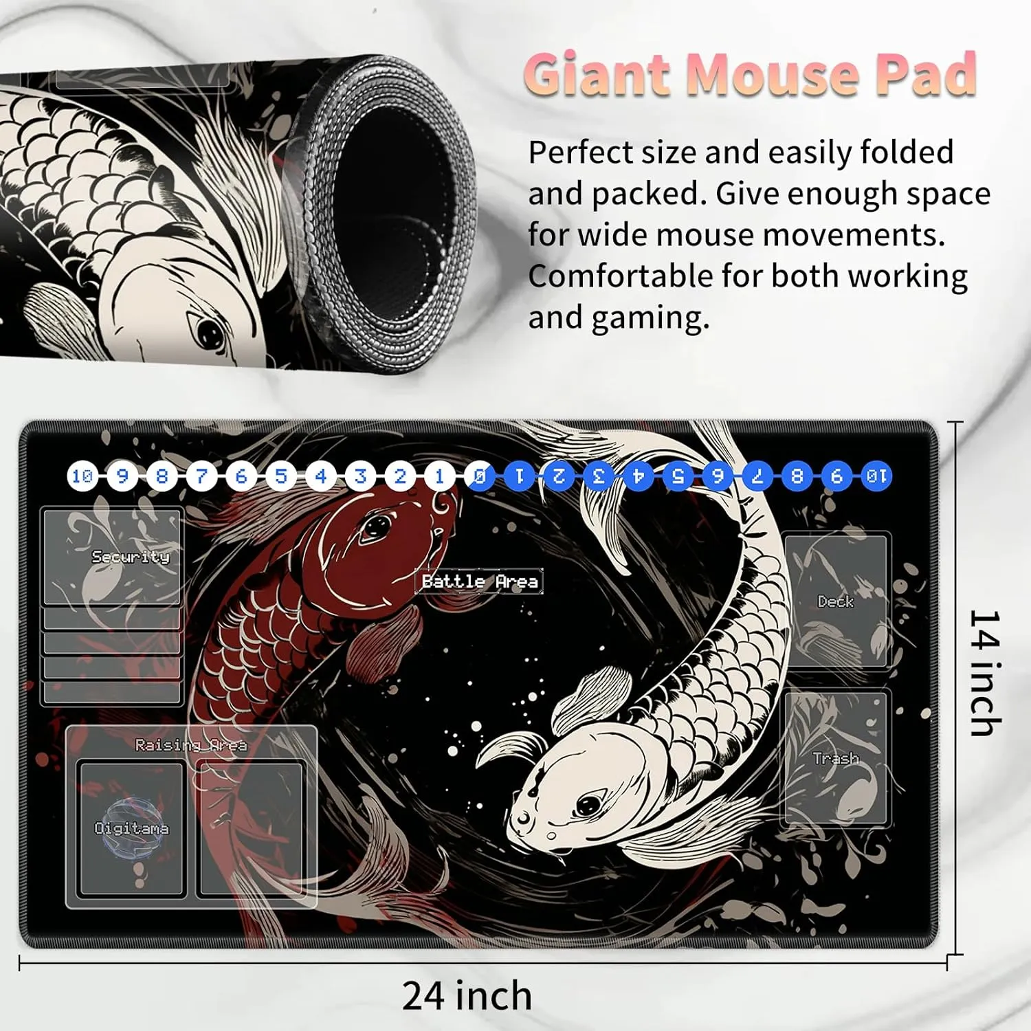 Duel Playma for DTCG, Card Game Mat Non-Slip Rubber Base and Stitched, 24 x 14 in TCG Play Mat with Zones for CCG and Other Card Games, Koi Fish Art