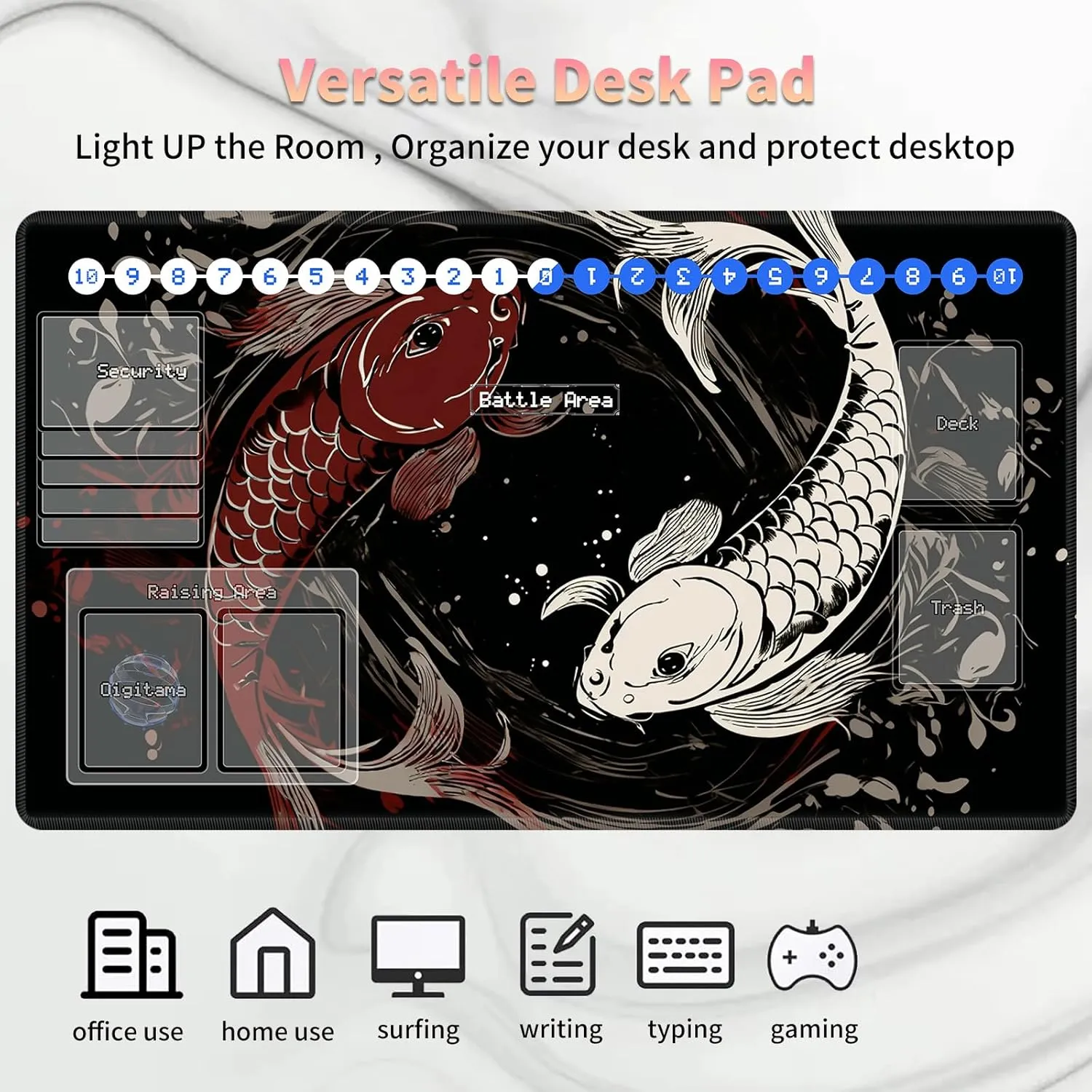 Duel Playma for DTCG, Card Game Mat Non-Slip Rubber Base and Stitched, 24 x 14 in TCG Play Mat with Zones for CCG and Other Card Games, Koi Fish Art