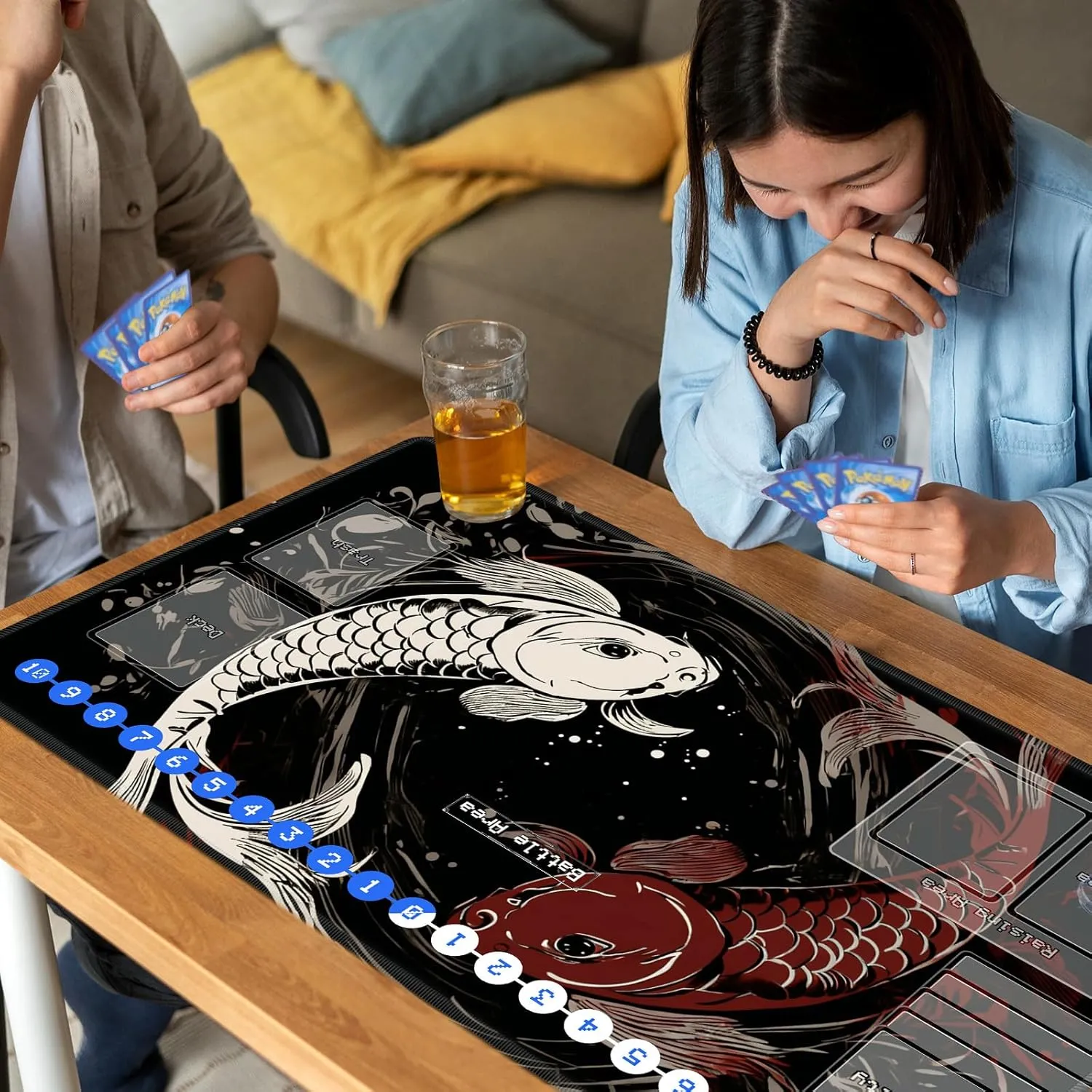 Duel Playma for DTCG, Card Game Mat Non-Slip Rubber Base and Stitched, 24 x 14 in TCG Play Mat with Zones for CCG and Other Card Games, Koi Fish Art