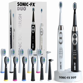 Duo Rechargeable Electric Toothbrush Set - with 14 Brush Heads, 3 Modes, Smart Auto-Timer, Charging Dock Holder - Dual Handle Electric Tooth Brush for Adults & Kids, Black and White