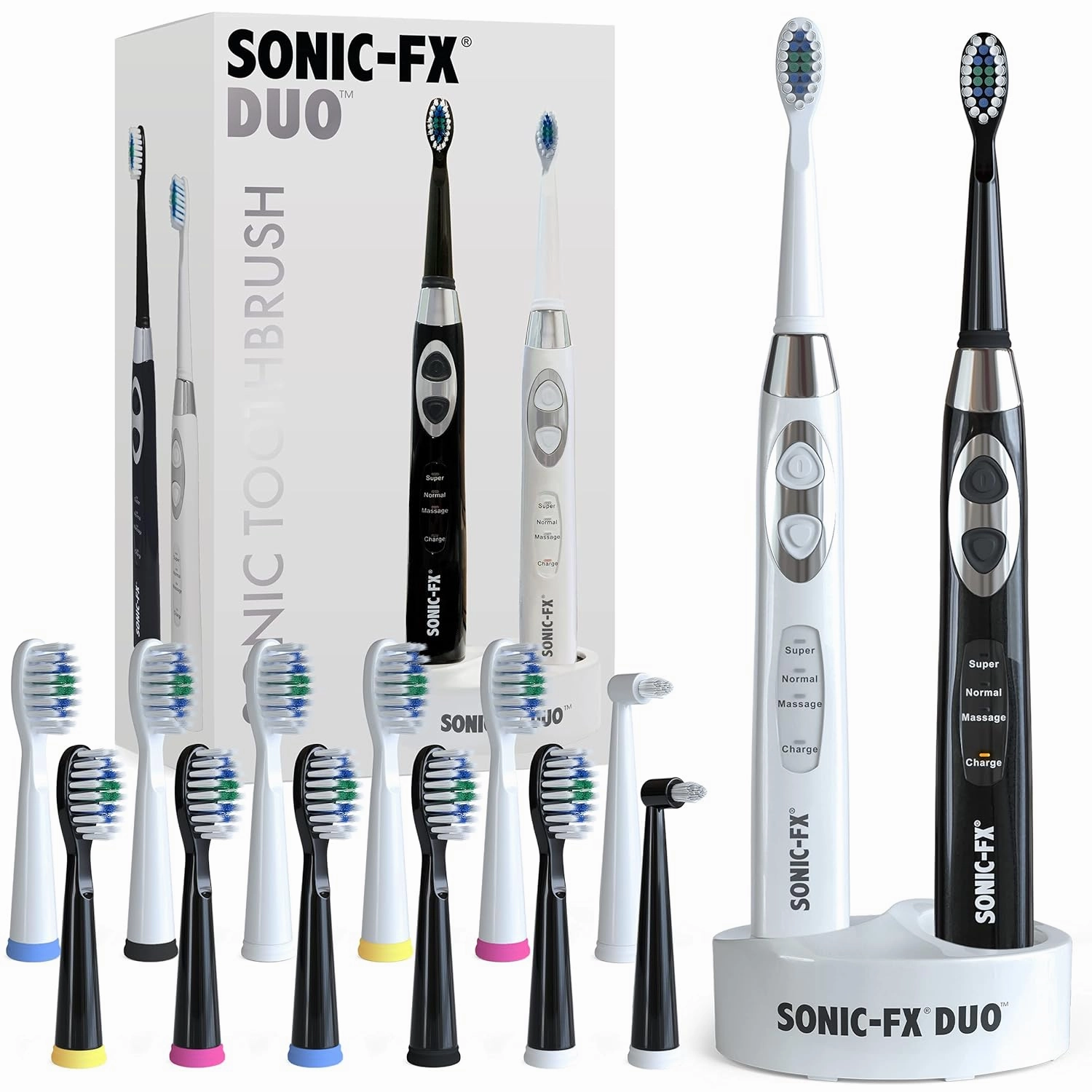 Duo Rechargeable Electric Toothbrush Set - with 14 Brush Heads, 3 Modes, Smart Auto-Timer, Charging Dock Holder - Dual Handle Electric Tooth Brush for Adults & Kids, Black and White