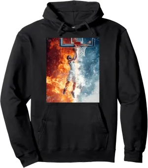 Dynamic Basketball Dunk Fire and Ice Pullover Hoodie