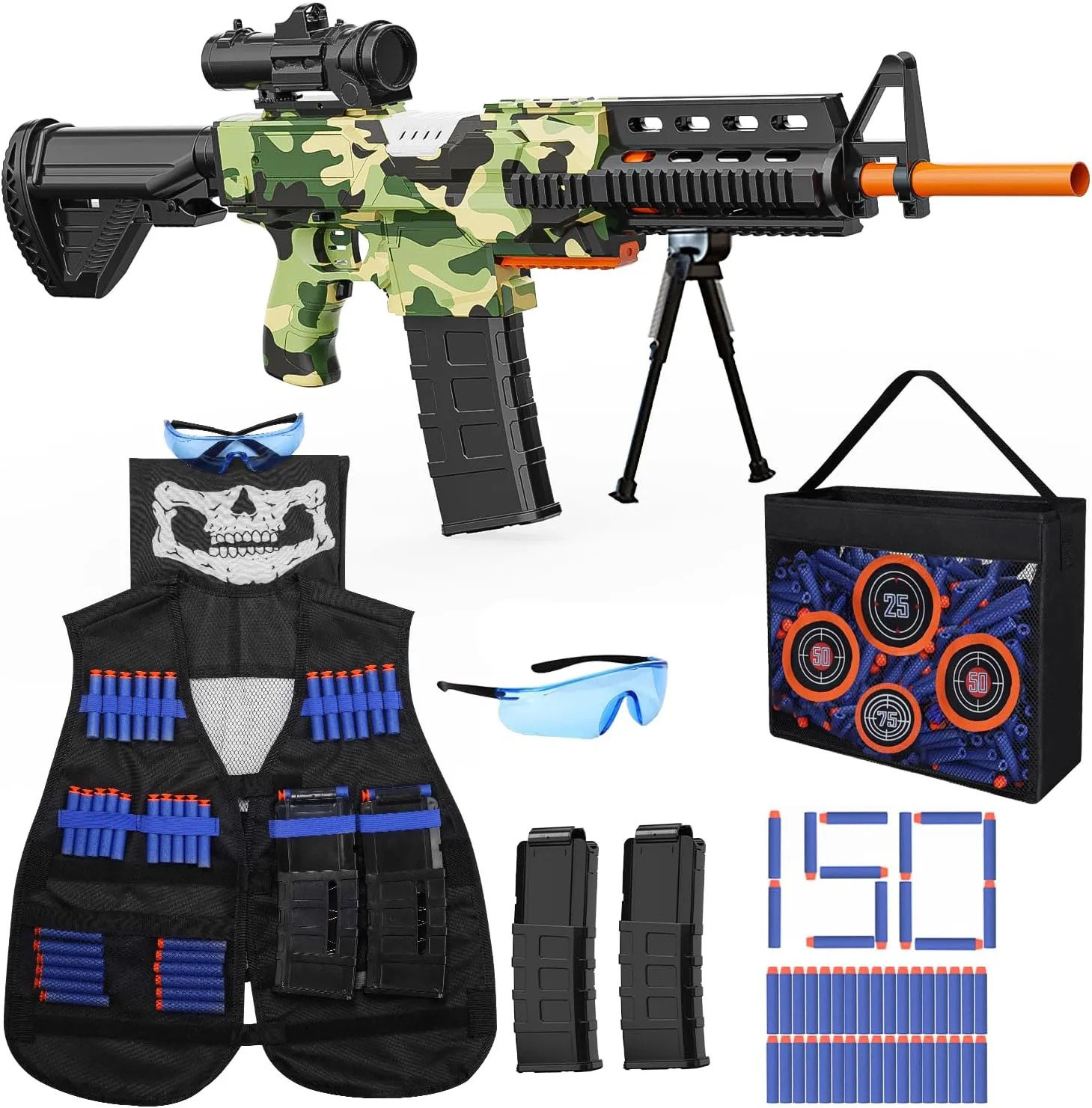 EagleStone Realistic Toy Gun for Kids，Automatic Gun Toy for Boys -3 Modes Toy Foam Blasters with Tactical Vest, Storage Mesh Bag,2 Clips,150 Darts, Electric Toys for Boys Age 8-12 Gifts Birthday