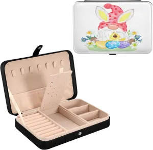 Easter Gnome with Bunny Ears PU Leather Travel Jewelry Organizer Case, Portable Jewellery Storage Holder Display for Ring Earrings Necklace Bracelet Bangle Watch Gift for Girl