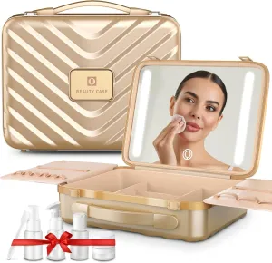EASYINBEAUTY Travel Makeup Case with Lighted Mirror, Rechargeable LED Makeup Mirror Travel Case with 3 Color Modes & Adjustable Brightness, Portable Makeup Storage Box for Girls, Women & Makeup Artist