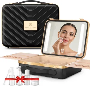 EASYINBEAUTY Travel Makeup Case with Lighted Mirror, Rechargeable LED Makeup Mirror Travel Case with 3 Color Modes & Adjustable Brightness, Portable Makeup Storage Box for Girls, Women & Makeup Artist