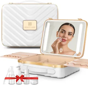 EASYINBEAUTY Travel Makeup Case with Lighted Mirror, Rechargeable LED Makeup Mirror Travel Case with 3 Color Modes & Adjustable Brightness, Portable Makeup Storage Box for Girls, Women & Makeup Artist