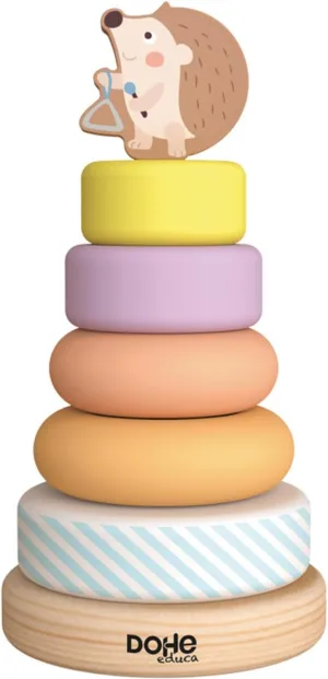 Educa – Stackable Wooden Baby Hoops – 5 Coloured Rings and Base, Funny Hedgehog for the Top, Children's and Educational Material