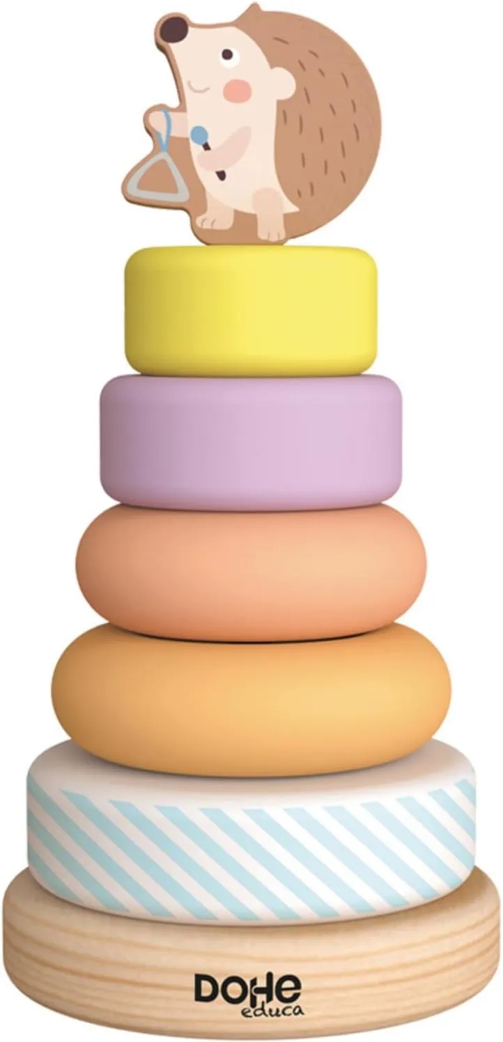 Educa – Stackable Wooden Baby Hoops – 5 Coloured Rings and Base, Funny Hedgehog for the Top, Children's and Educational Material