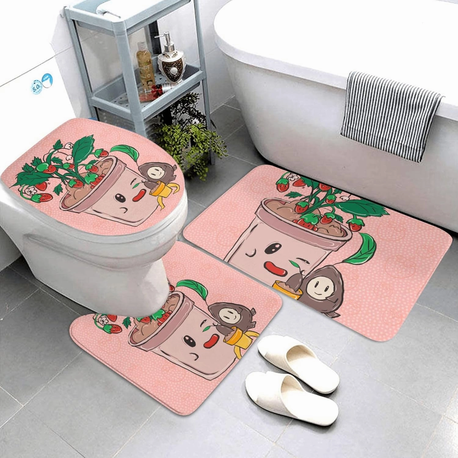 ekcos Soft and Comfortable Flannel Bathroom Non Slip Rugs,Super Absorbent Anti-Skid Carpet 3 Pieces/Set Sunflower Seeds and Strawberries