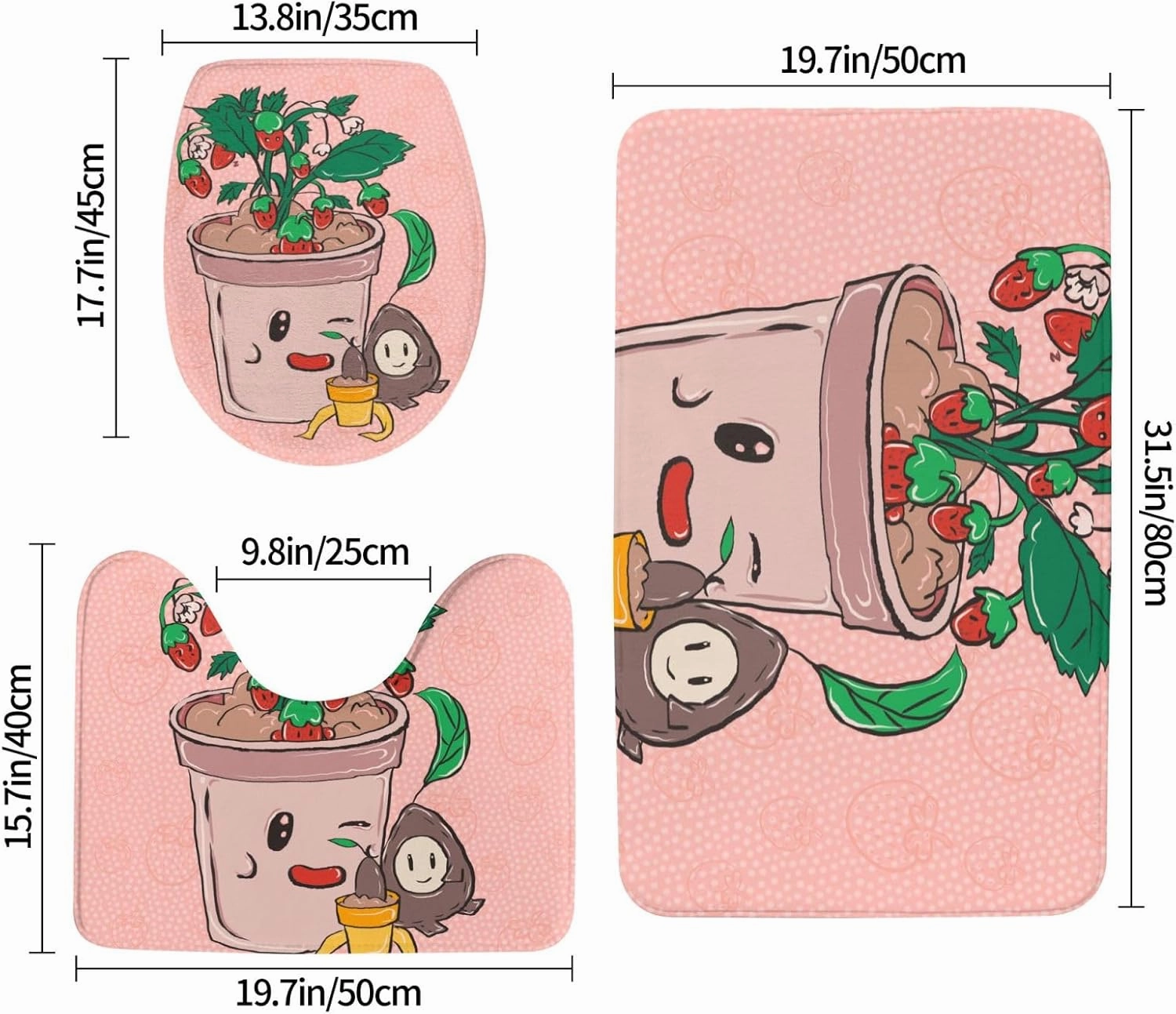 ekcos Soft and Comfortable Flannel Bathroom Non Slip Rugs,Super Absorbent Anti-Skid Carpet 3 Pieces/Set Sunflower Seeds and Strawberries