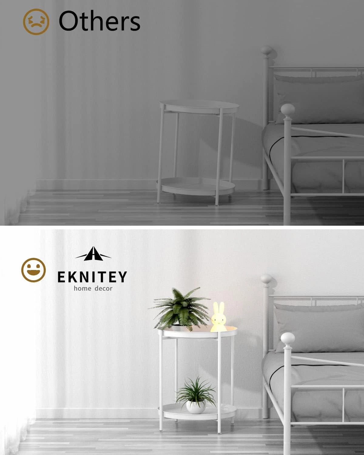EKNITEY 2 Tier End Table - Metal Side Table Waterproof Small Sofa Coffee Side Tables Bedroom Indoor Outdoor with Removable Tray for Living Room Bedroom Balcony and Office (White)