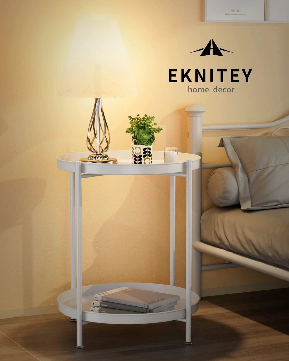 EKNITEY 2 Tier End Table - Metal Side Table Waterproof Small Sofa Coffee Side Tables Bedroom Indoor Outdoor with Removable Tray for Living Room Bedroom Balcony and Office (White)