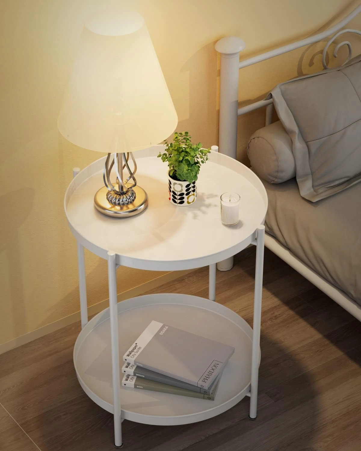 EKNITEY 2 Tier End Table - Metal Side Table Waterproof Small Sofa Coffee Side Tables Bedroom Indoor Outdoor with Removable Tray for Living Room Bedroom Balcony and Office (White)