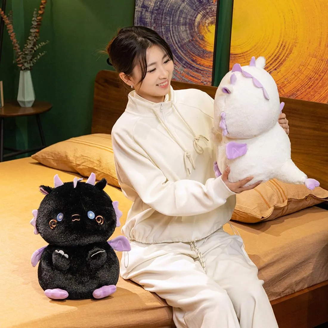 ELAINREN Crazy Black Dinosaur Plush Toy Fricking Cute Dragon Stuffed Animals Ultra-Furry Dino Plushie Gifts for Dinosaur Party/13.7''