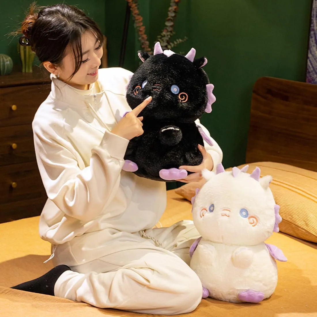 ELAINREN Crazy Black Dinosaur Plush Toy Fricking Cute Dragon Stuffed Animals Ultra-Furry Dino Plushie Gifts for Dinosaur Party/13.7''