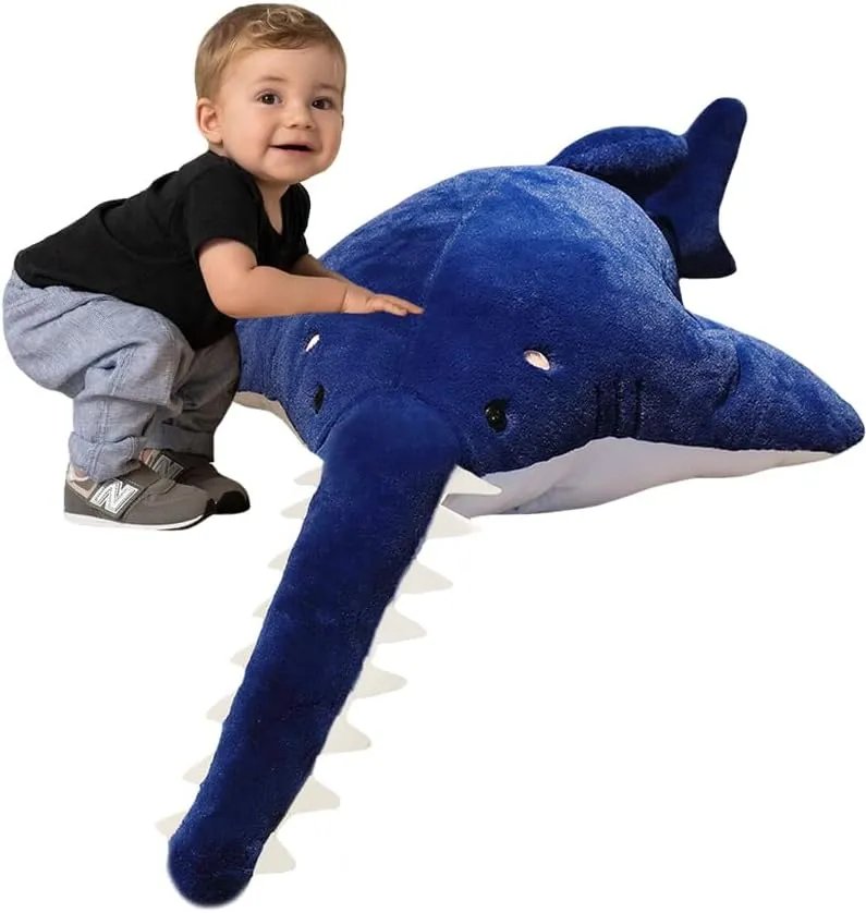 ELAINREN Super Soft Sawfish Plush Pillow Lifelike Blue Saw Fish Stuffed Ocean Toy Cuddle Shark Whale Plushie Big Cushion/37.4''