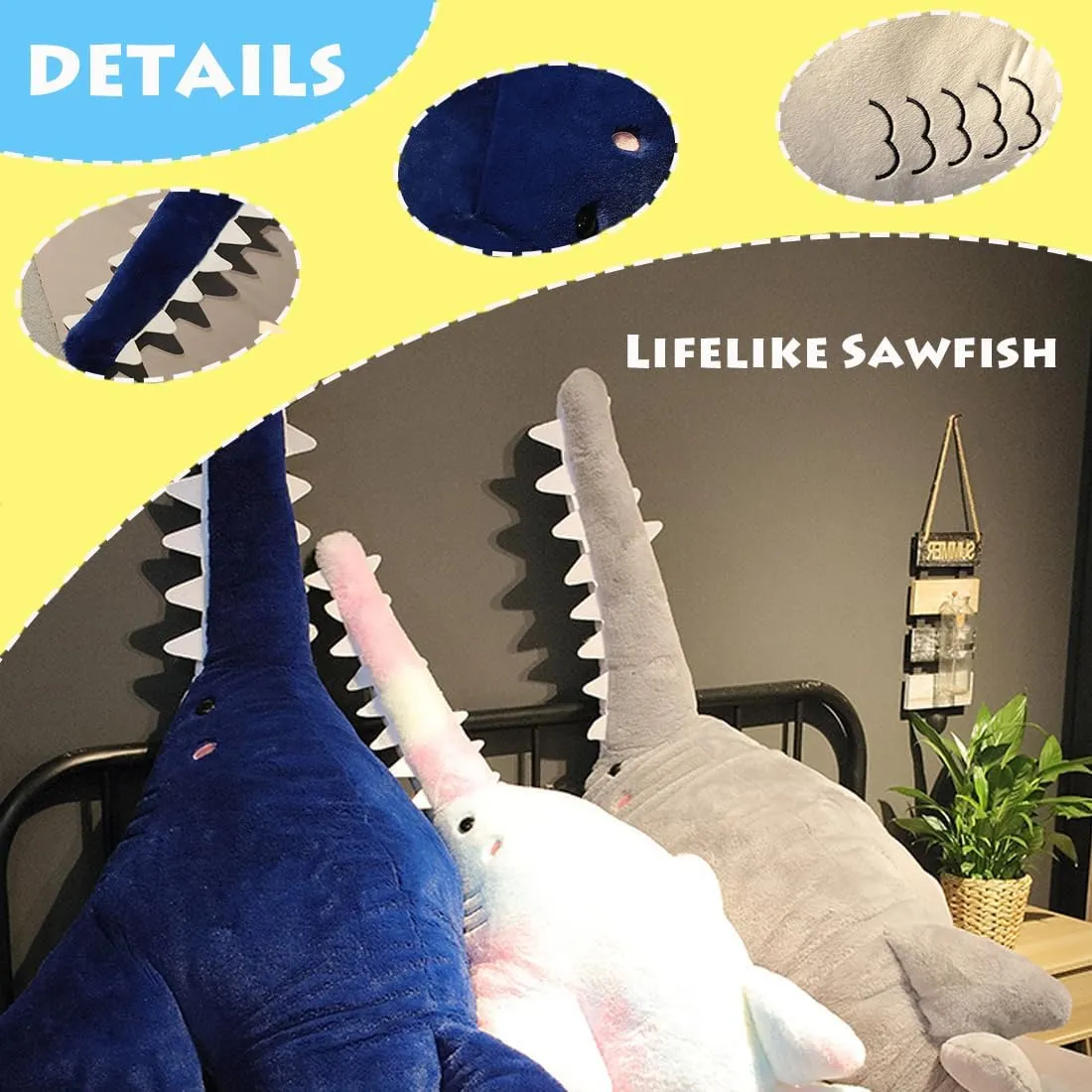 ELAINREN Super Soft Sawfish Plush Pillow Lifelike Blue Saw Fish Stuffed Ocean Toy Cuddle Shark Whale Plushie Big Cushion/37.4''