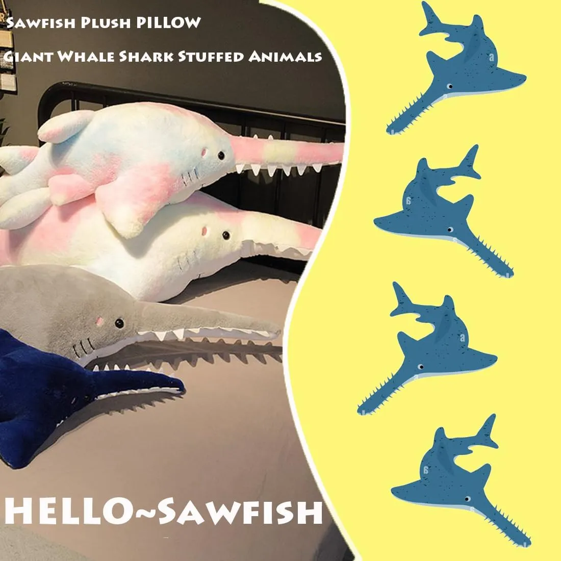 ELAINREN Super Soft Sawfish Plush Pillow Lifelike Blue Saw Fish Stuffed Ocean Toy Cuddle Shark Whale Plushie Big Cushion/37.4''