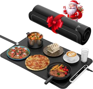 Electric Food Warming Mat Tray Warmer for Party Buffet Servers Hot Logic Heating Heater Full Surface Keep Warm, Rollable Portable 8-level temperature adjustment 24 Hours Timer- Black