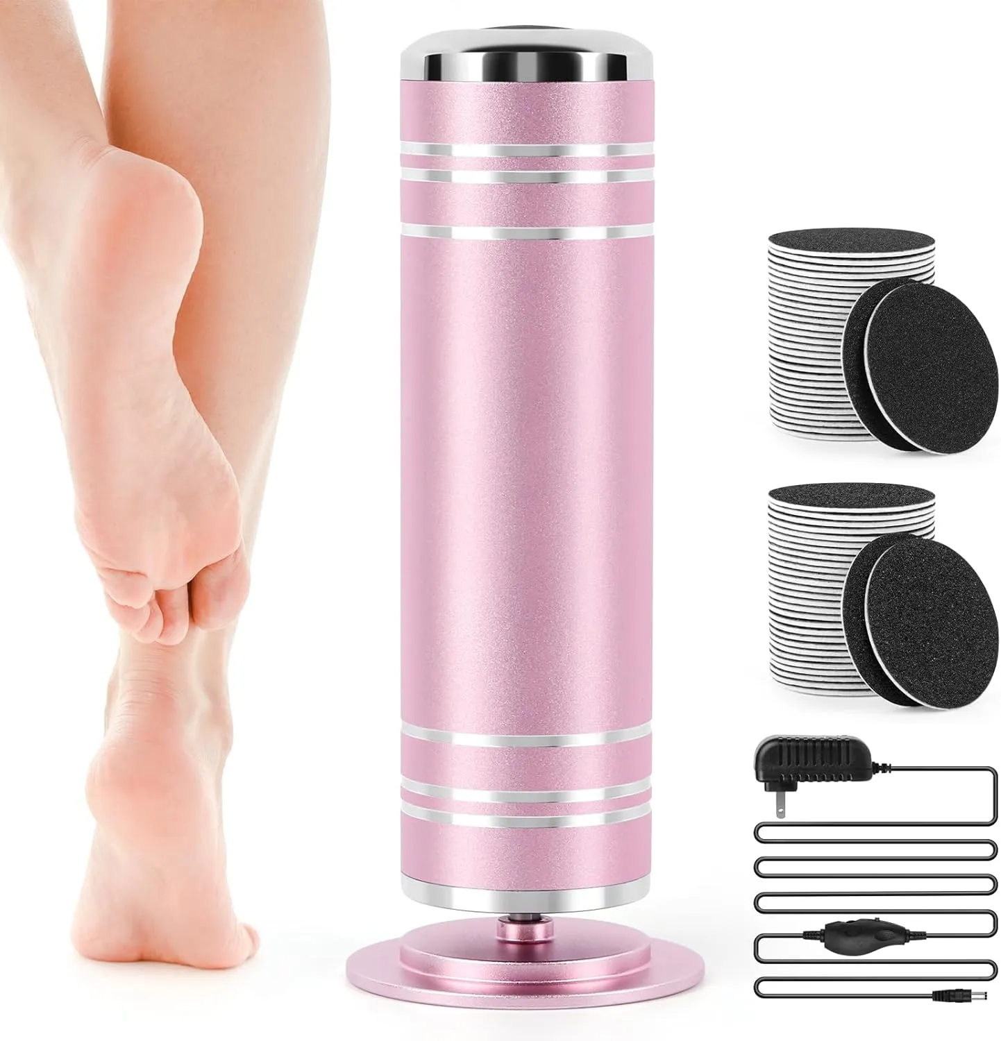 Electric Foot File Callus Remover: Adjustable Speed 1000RPM Feet File Grinder with 60 Pcs Sandpaper Discs - Professional Pedicure Tools for Dead Skin Calluses (Pink)