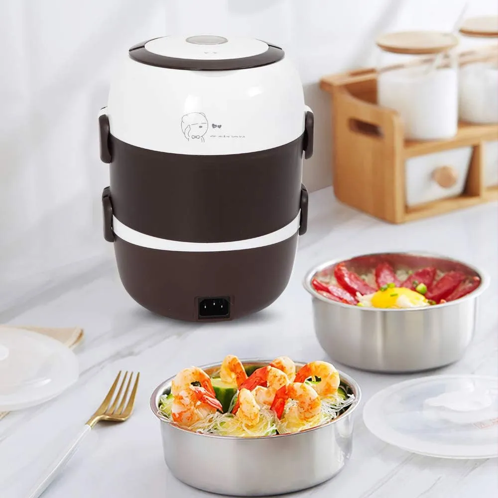 Electric Lunch Box,3 Layers 2L Portable Electric Heating Bento Lunch Box Food Storage Warmer Container Rice Cooker,110V 200W,Stainless Steel PP