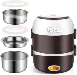 Electric Lunch Box,3 Layers 2L Portable Electric Heating Bento Lunch Box Food Storage Warmer Container Rice Cooker,110V 200W,Stainless Steel PP