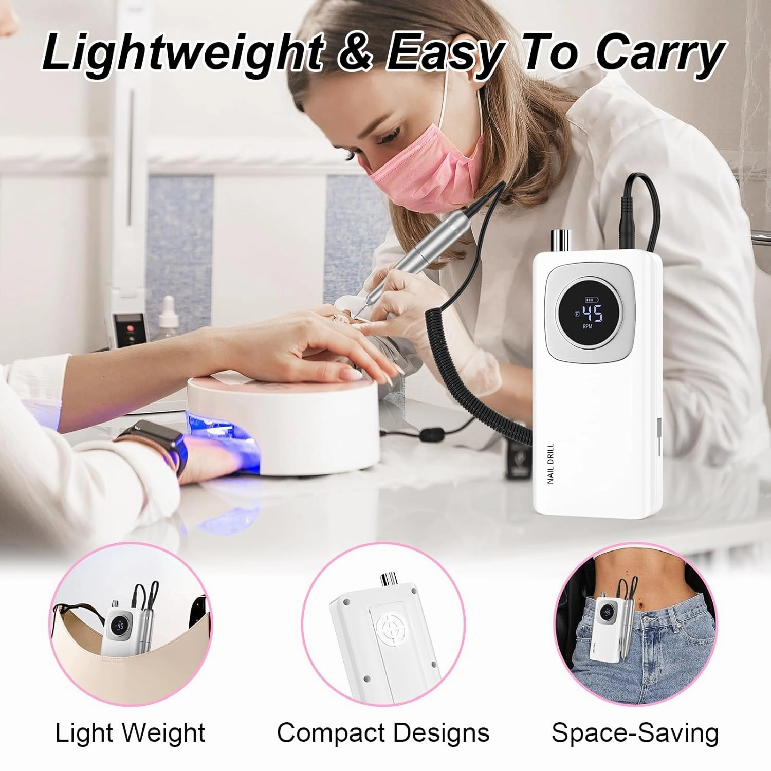 Electric Nail Drill Professional: 45000RPM Rechargeable Nail File with Bits for Acrylic Gel Nails, Professional Nail Drill Manicure Pedicure Polishing Shape Tools for Home Salon